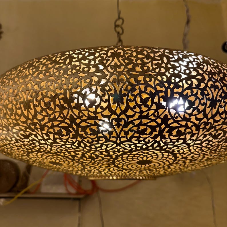 Large Moroccan Pierced Brass Dome Pendant Light, Handmade Moorish Floral Medallion Chandelier, Boho Arabic Shadow Lamp, Luxury Gold Filigree Ceiling Light Fixture