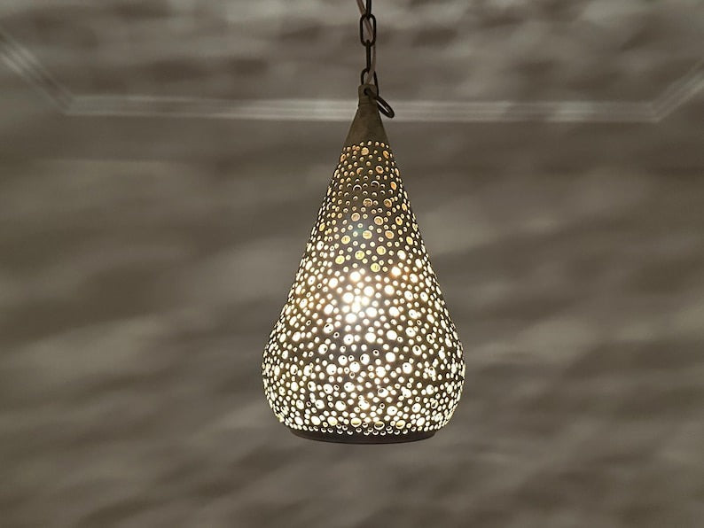 Handmade Moroccan Brass Pendant Light – Pierced Teardrop Hanging Lantern, Perforated Brass Ceiling Lamp with Decorative Shadow Pattern