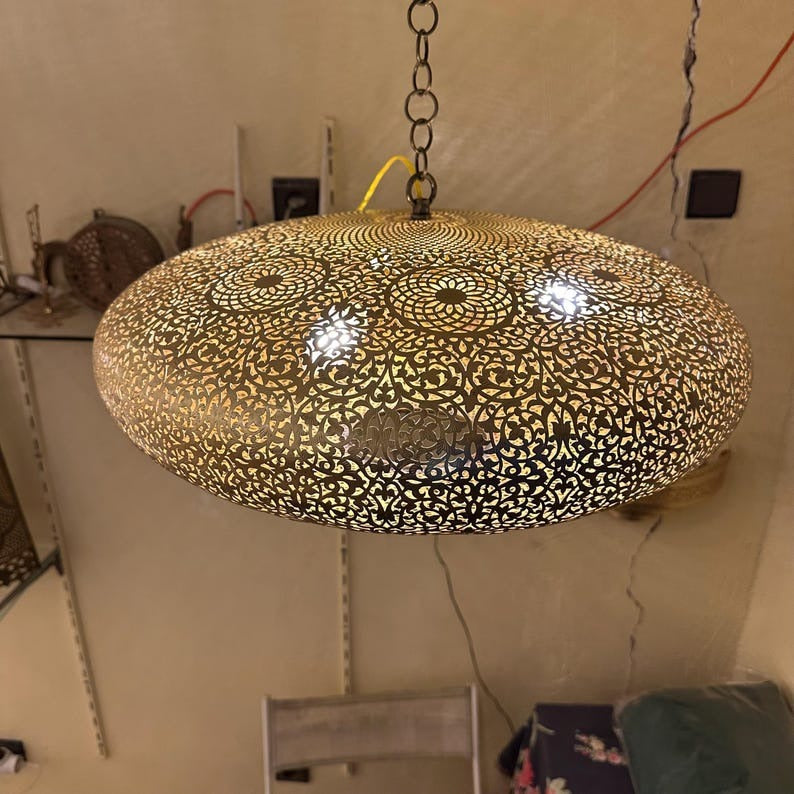 Large Moroccan Pierced Brass Dome Pendant Light, Handmade Moorish Floral Medallion Chandelier, Boho Arabic Shadow Lamp, Luxury Gold Filigree Ceiling Light Fixture