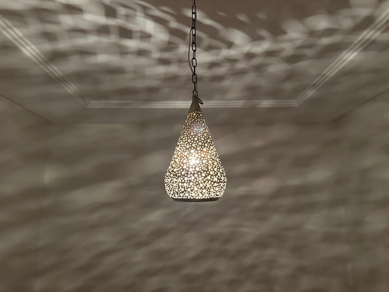 Handmade Moroccan Brass Pendant Light – Pierced Teardrop Hanging Lantern, Perforated Brass Ceiling Lamp with Decorative Shadow Pattern
