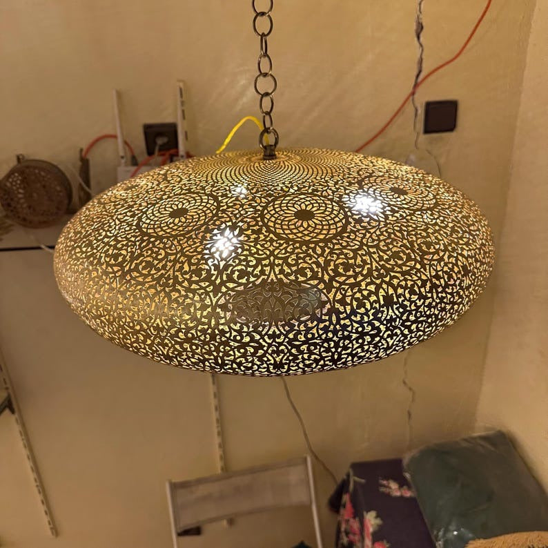 Large Moroccan Pierced Brass Dome Pendant Light, Handmade Moorish Floral Medallion Chandelier, Boho Arabic Shadow Lamp, Luxury Gold Filigree Ceiling Light Fixture