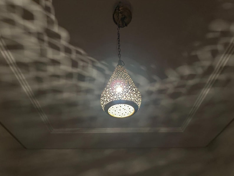 Handmade Moroccan Brass Pendant Light – Pierced Teardrop Hanging Lantern, Perforated Brass Ceiling Lamp with Decorative Shadow Pattern