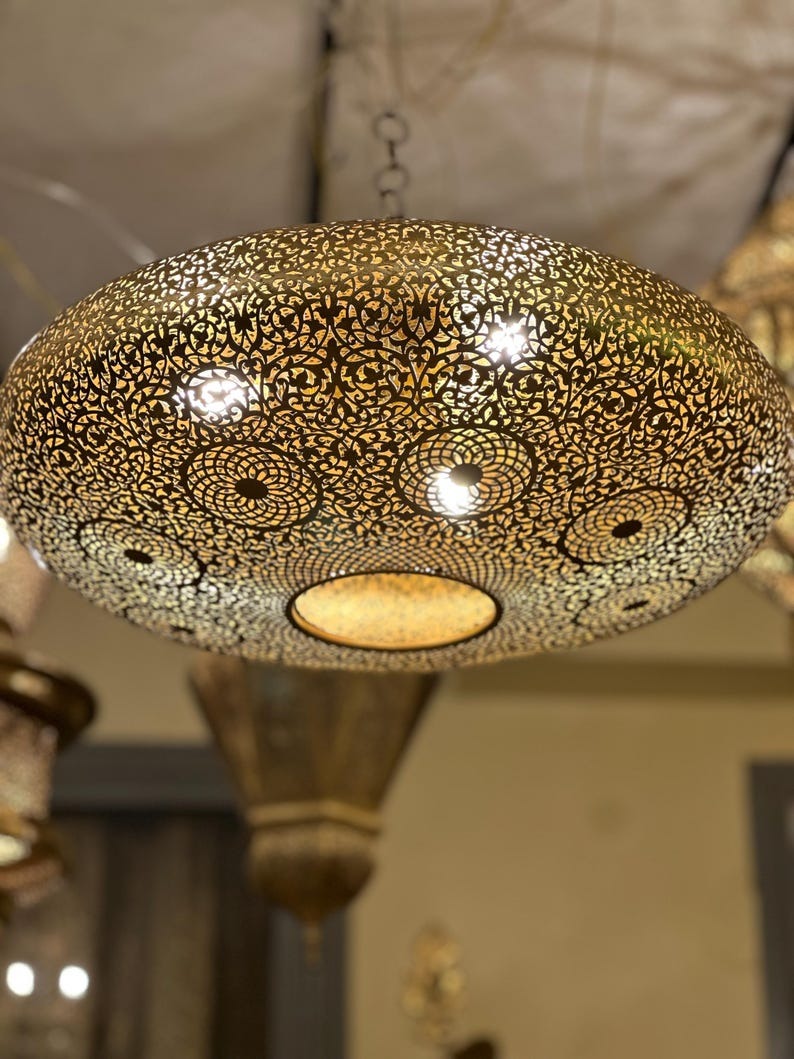 Large Moroccan Pierced Brass Dome Pendant Light, Handmade Moorish Floral Medallion Chandelier, Boho Arabic Shadow Lamp, Luxury Gold Filigree Ceiling Light Fixture