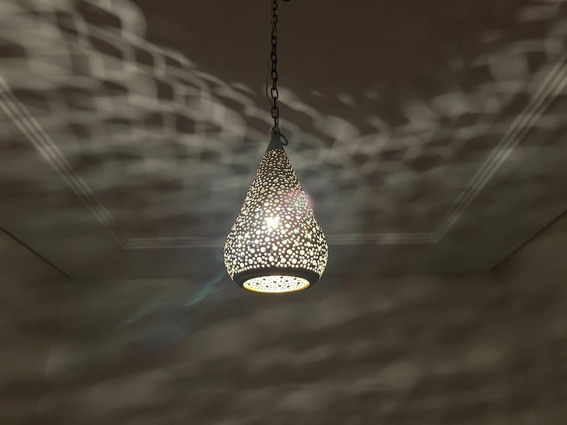 Handmade Moroccan Brass Pendant Light – Pierced Teardrop Hanging Lantern, Perforated Brass Ceiling Lamp with Decorative Shadow Pattern