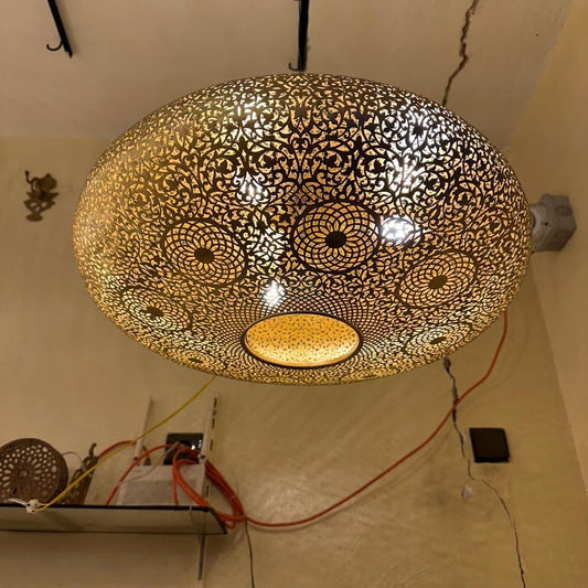 Large Moroccan Pierced Brass Dome Pendant Light, Handmade Moorish Floral Medallion Chandelier, Boho Arabic Shadow Lamp, Luxury Gold Filigree Ceiling Light Fixture