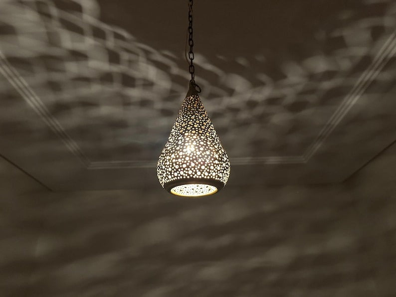 Handmade Moroccan Brass Pendant Light – Pierced Teardrop Hanging Lantern, Perforated Brass Ceiling Lamp with Decorative Shadow Pattern