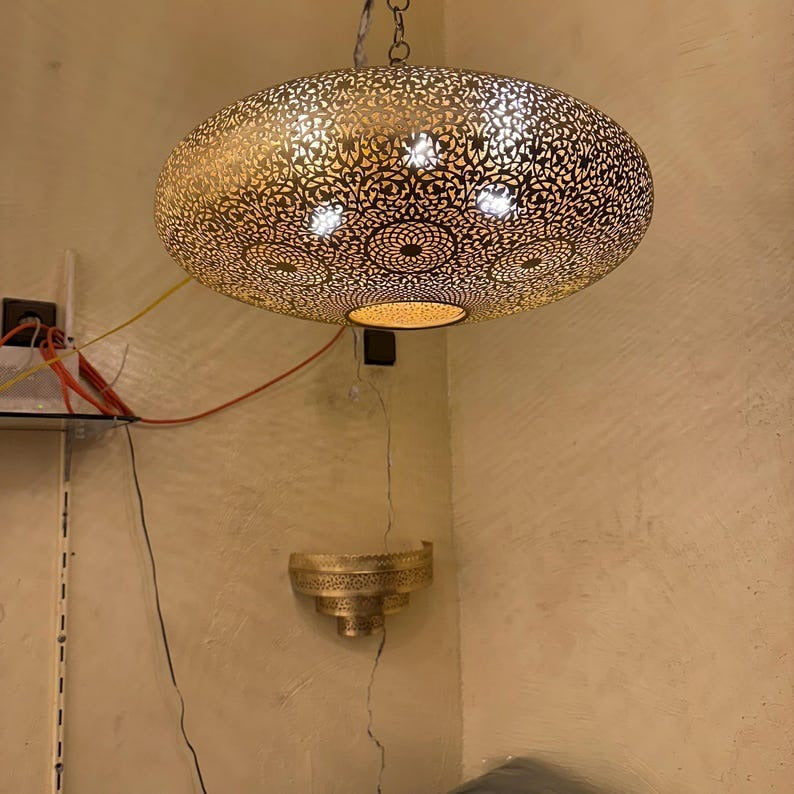 Large Moroccan Pierced Brass Dome Pendant Light, Handmade Moorish Floral Medallion Chandelier, Boho Arabic Shadow Lamp, Luxury Gold Filigree Ceiling Light Fixture