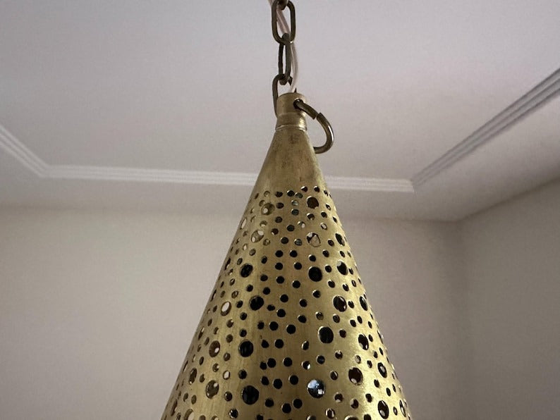 Handmade Moroccan Brass Pendant Light – Pierced Teardrop Hanging Lantern, Perforated Brass Ceiling Lamp with Decorative Shadow Pattern