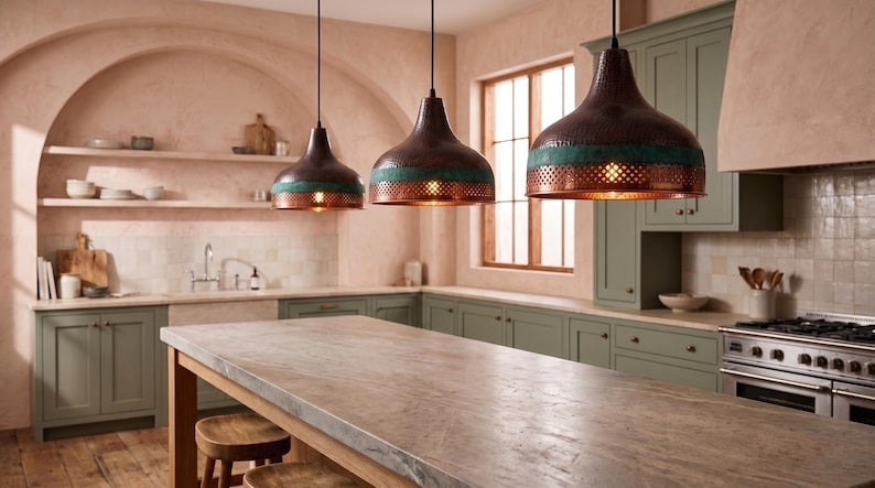 Handmade Moroccan Brass Pendant Light – Pierced Dome Ceiling Lamp with Verdigris Green Patina, Hammered Copper Finish & Diamond Cutout Design