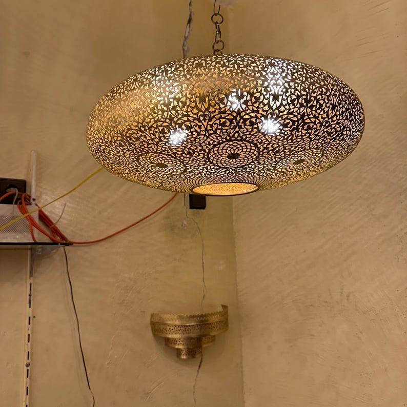 Large Moroccan Pierced Brass Dome Pendant Light, Handmade Moorish Floral Medallion Chandelier, Boho Arabic Shadow Lamp, Luxury Gold Filigree Ceiling Light Fixture