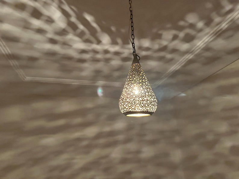 Handmade Moroccan Brass Pendant Light – Pierced Teardrop Hanging Lantern, Perforated Brass Ceiling Lamp with Decorative Shadow Pattern