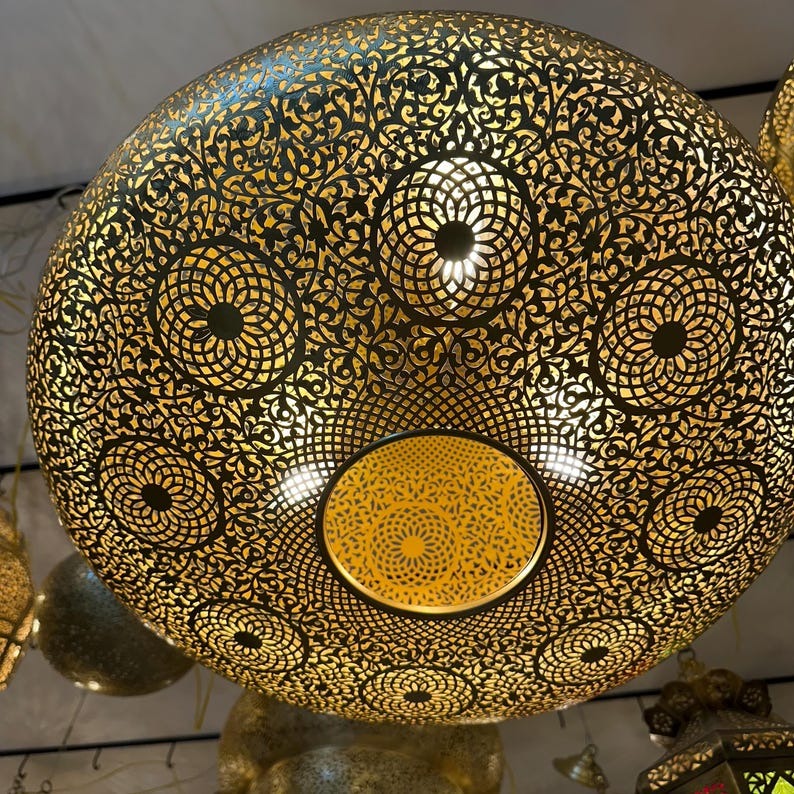 Large Moroccan Pierced Brass Dome Pendant Light, Handmade Moorish Floral Medallion Chandelier, Boho Arabic Shadow Lamp, Luxury Gold Filigree Ceiling Light Fixture