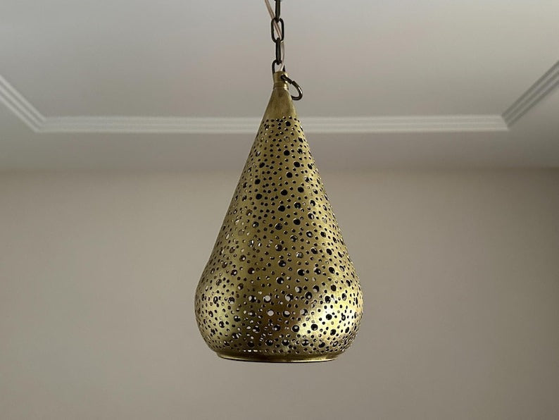 Handmade Moroccan Brass Pendant Light – Pierced Teardrop Hanging Lantern, Perforated Brass Ceiling Lamp with Decorative Shadow Pattern