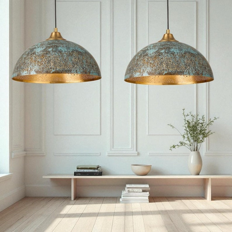 Moroccan Brass Blue Patina Dome Pendant Light, Handmade Pierced Brass Kitchen Island Chandelier, Boho Rustic Turquoise Hanging Lamp, Antique Gold Brass Ceiling Light Fixture