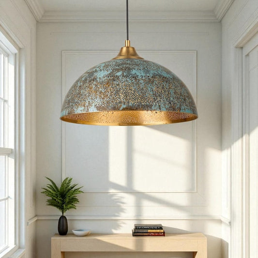 Moroccan Brass Blue Patina Dome Pendant Light, Handmade Pierced Brass Kitchen Island Chandelier, Boho Rustic Turquoise Hanging Lamp, Antique Gold Brass Ceiling Light Fixture