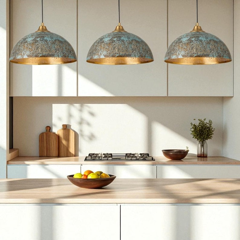 Moroccan Brass Blue Patina Dome Pendant Light, Handmade Pierced Brass Kitchen Island Chandelier, Boho Rustic Turquoise Hanging Lamp, Antique Gold Brass Ceiling Light Fixture