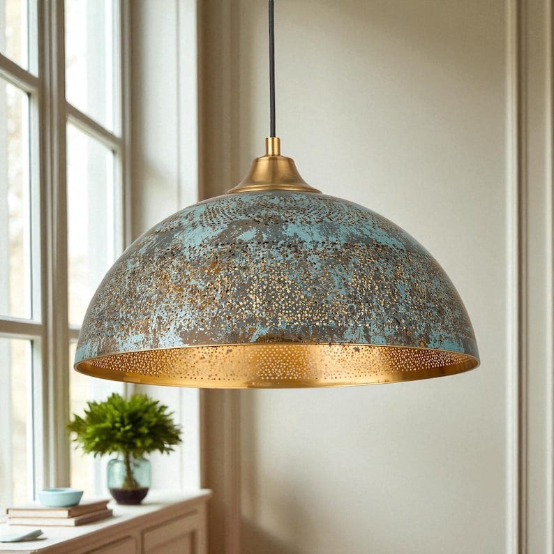 Moroccan Brass Blue Patina Dome Pendant Light, Handmade Pierced Brass Kitchen Island Chandelier, Boho Rustic Turquoise Hanging Lamp, Antique Gold Brass Ceiling Light Fixture