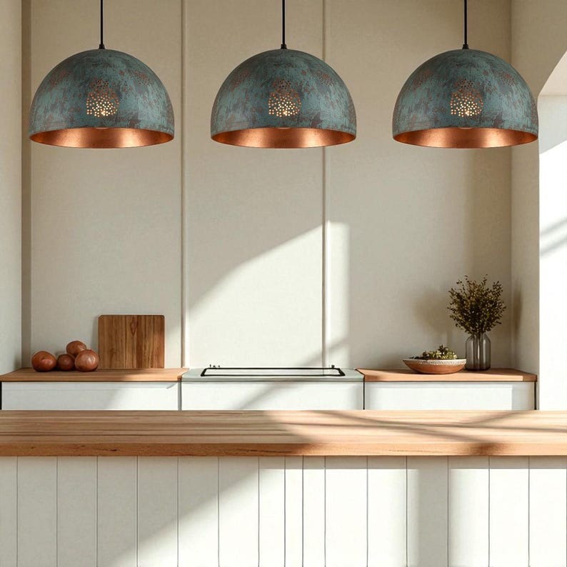 Handmade Brass Dome Pendant Light – Blue Green Patina Moroccan Ceiling Lamp, Copper Interior Kitchen Island Pendant, Pierced Brass Dining Room Light Fixture