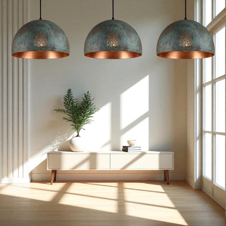 Handmade Brass Dome Pendant Light – Blue Green Patina Moroccan Ceiling Lamp, Copper Interior Kitchen Island Pendant, Pierced Brass Dining Room Light Fixture