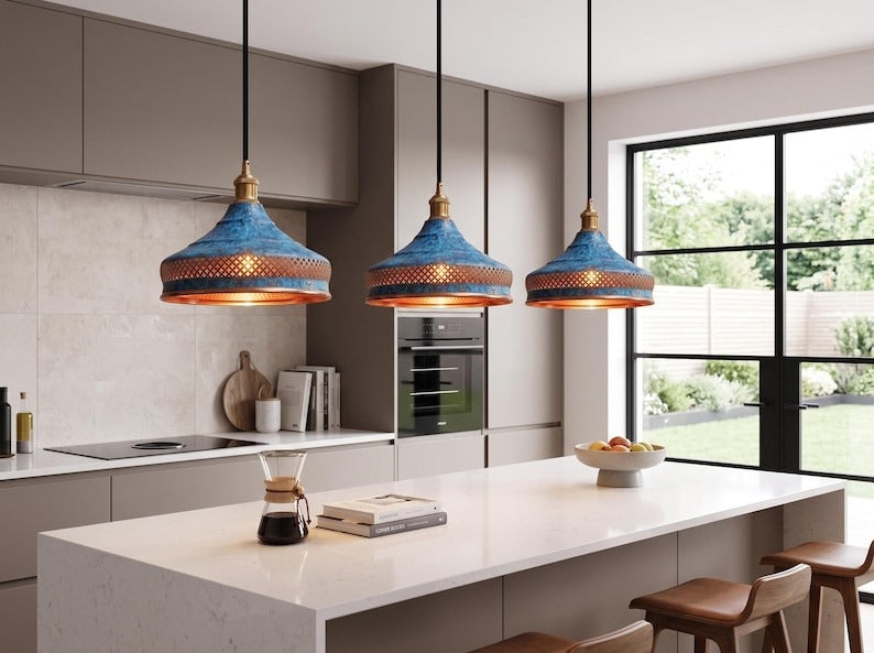 Blue Patina Brass Pendant Light – Moroccan Pierced Dome Chandelier with Copper Interior