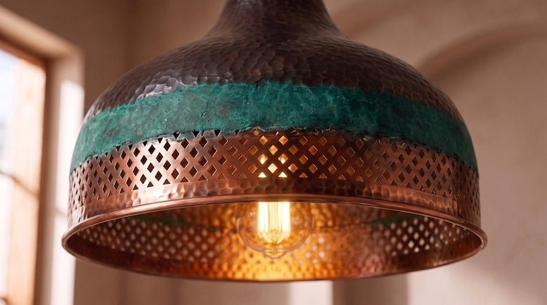 Handmade Moroccan Brass Pendant Light – Pierced Dome Ceiling Lamp with Verdigris Green Patina, Hammered Copper Finish & Diamond Cutout Design