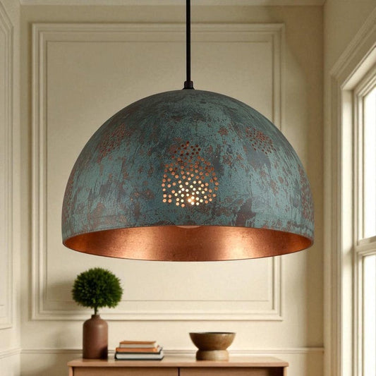 Handmade Brass Dome Pendant Light – Blue Green Patina Moroccan Ceiling Lamp, Copper Interior Kitchen Island Pendant, Pierced Brass Dining Room Light Fixture