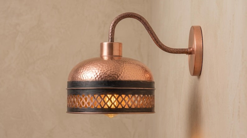 Handmade Brass Wall Sconce – Copper Hammered Brass Dome Wall Light with Pierced Border, Moroccan Rustic Farmhouse Wall Lamp Fixture