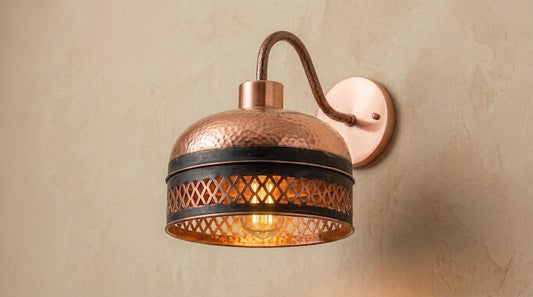 Handmade Brass Wall Sconce – Copper Hammered Brass Dome Wall Light with Pierced Border, Moroccan Rustic Farmhouse Wall Lamp Fixture