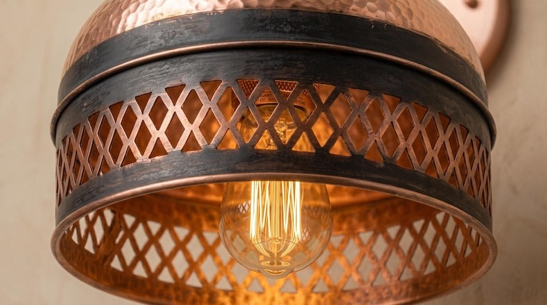 Handmade Brass Wall Sconce – Copper Hammered Brass Dome Wall Light with Pierced Border, Moroccan Rustic Farmhouse Wall Lamp Fixture
