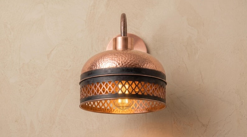 Handmade Brass Wall Sconce – Copper Hammered Brass Dome Wall Light with Pierced Border, Moroccan Rustic Farmhouse Wall Lamp Fixture