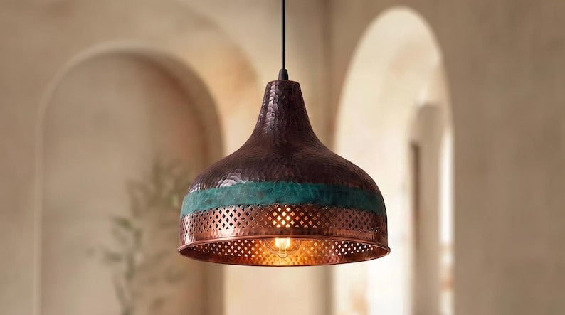 Handmade Moroccan Brass Pendant Light – Pierced Dome Ceiling Lamp with Verdigris Green Patina, Hammered Copper Finish & Diamond Cutout Design
