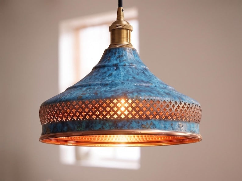 Blue Patina Brass Pendant Light – Moroccan Pierced Dome Chandelier with Copper Interior