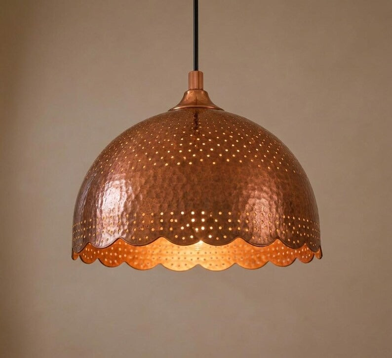 Handmade Moroccan Brass Dome Pendant Light – Hammered Copper Hanging Lamp with Pierced Dot Patterns, Scalloped Edge and Warm Gold Interior for Kitchen Island, Dining Room & Living Room