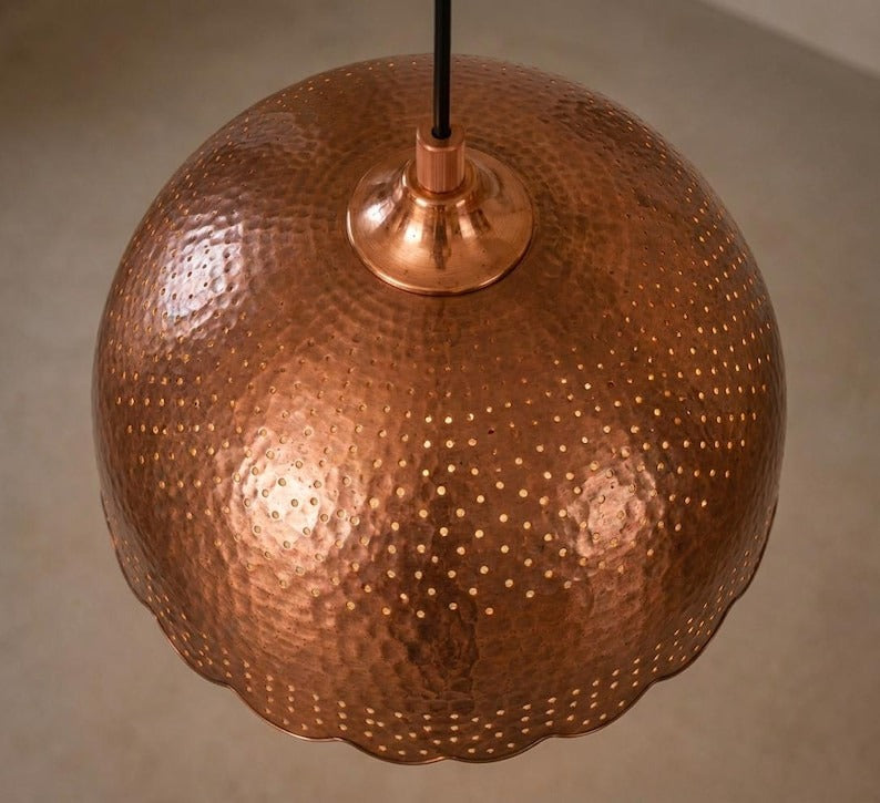 Handmade Moroccan Brass Dome Pendant Light – Hammered Copper Hanging Lamp with Pierced Dot Patterns, Scalloped Edge and Warm Gold Interior for Kitchen Island, Dining Room & Living Room