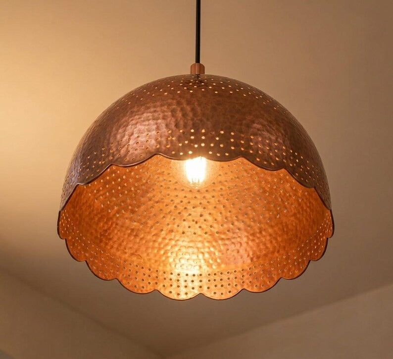 Handmade Moroccan Brass Dome Pendant Light – Hammered Copper Hanging Lamp with Pierced Dot Patterns, Scalloped Edge and Warm Gold Interior for Kitchen Island, Dining Room & Living Room