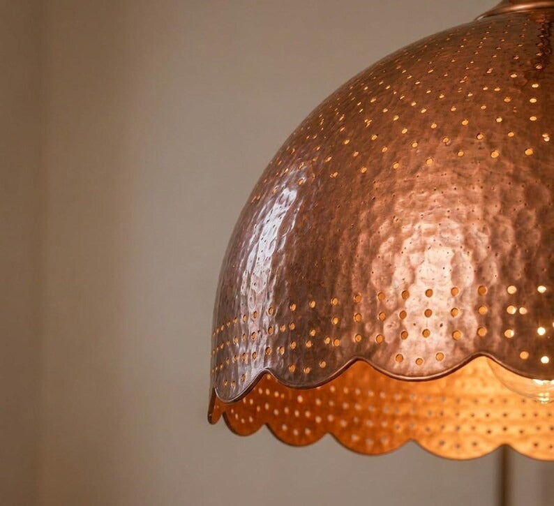 Handmade Moroccan Brass Dome Pendant Light – Hammered Copper Hanging Lamp with Pierced Dot Patterns, Scalloped Edge and Warm Gold Interior for Kitchen Island, Dining Room & Living Room