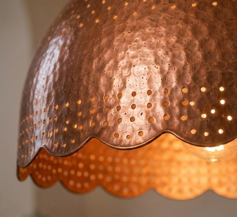 Handmade Moroccan Brass Dome Pendant Light – Hammered Copper Hanging Lamp with Pierced Dot Patterns, Scalloped Edge and Warm Gold Interior for Kitchen Island, Dining Room & Living Room