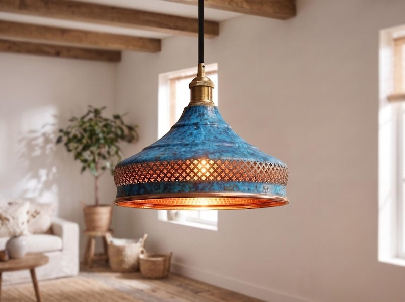 Blue Patina Brass Pendant Light – Moroccan Pierced Dome Chandelier with Copper Interior