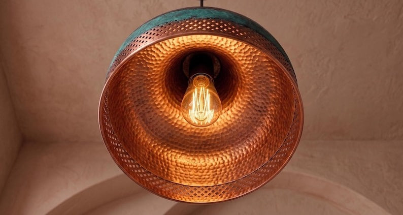 Handmade Moroccan Brass Pendant Light – Pierced Dome Ceiling Lamp with Verdigris Green Patina, Hammered Copper Finish & Diamond Cutout Design