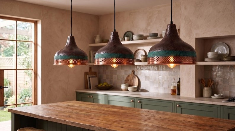 Handmade Moroccan Brass Pendant Light – Pierced Dome Ceiling Lamp with Verdigris Green Patina, Hammered Copper Finish & Diamond Cutout Design