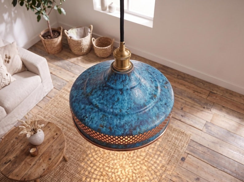 Blue Patina Brass Pendant Light – Moroccan Pierced Dome Chandelier with Copper Interior