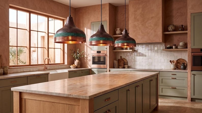 Handmade Moroccan Brass Pendant Light – Pierced Dome Ceiling Lamp with Verdigris Green Patina, Hammered Copper Finish & Diamond Cutout Design