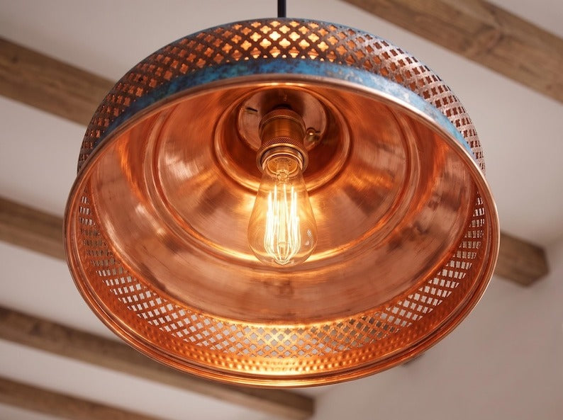 Blue Patina Brass Pendant Light – Moroccan Pierced Dome Chandelier with Copper Interior