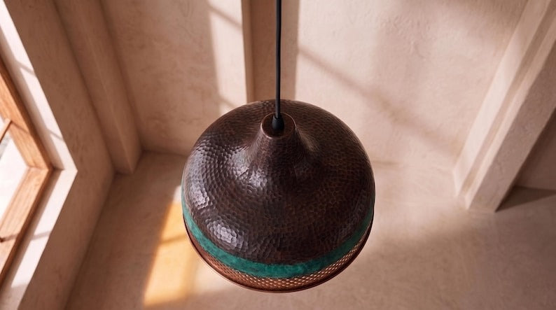 Handmade Moroccan Brass Pendant Light – Pierced Dome Ceiling Lamp with Verdigris Green Patina, Hammered Copper Finish & Diamond Cutout Design