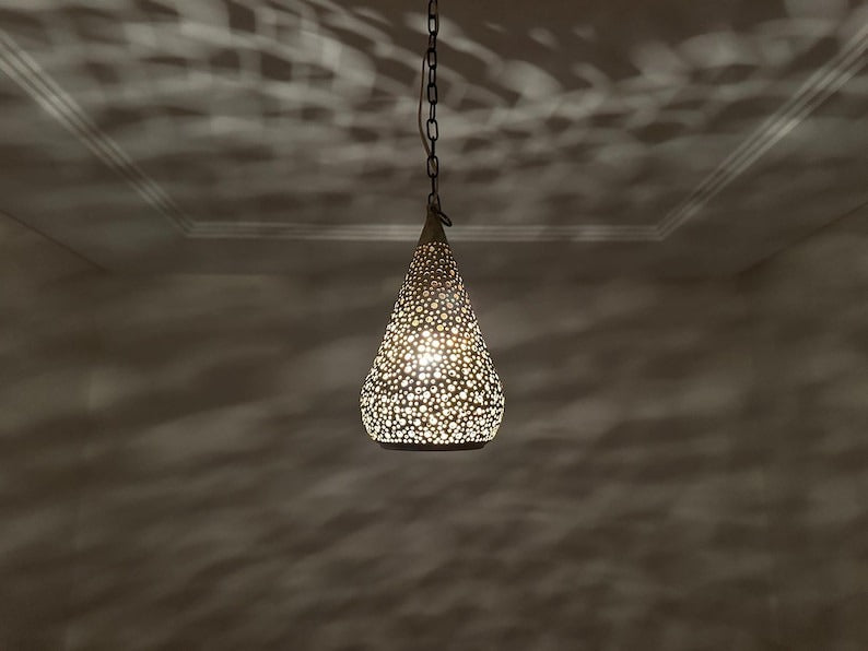 Handmade Moroccan Brass Pendant Light – Pierced Teardrop Hanging Lantern, Perforated Brass Ceiling Lamp with Decorative Shadow Pattern