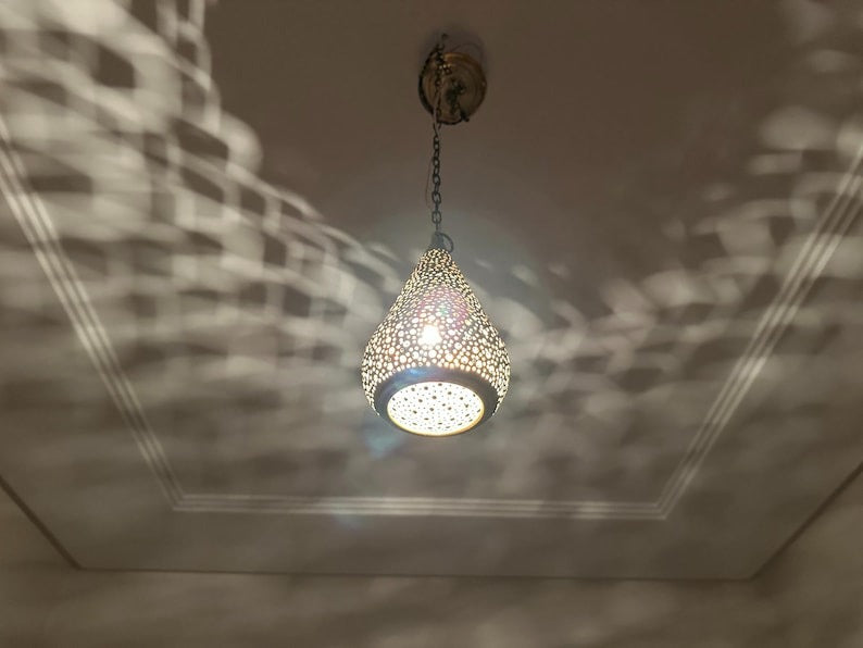 Handmade Moroccan Brass Pendant Light – Pierced Teardrop Hanging Lantern, Perforated Brass Ceiling Lamp with Decorative Shadow Pattern