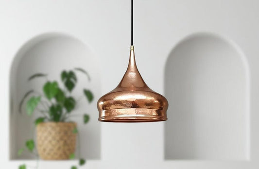 Handmade Moroccan Brass Onion Dome Pendant Light – Polished Copper Brass Hanging Lamp with Layered Ring Detail, Warm Boho Mediterranean Ceiling Light for Kitchen Island, Dining Room, Bedroom & Entryway
