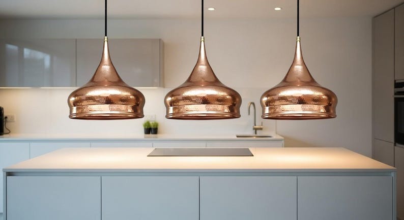 Handmade Moroccan Brass Onion Dome Pendant Light – Polished Copper Brass Hanging Lamp with Layered Ring Detail, Warm Boho Mediterranean Ceiling Light for Kitchen Island, Dining Room, Bedroom & Entryway