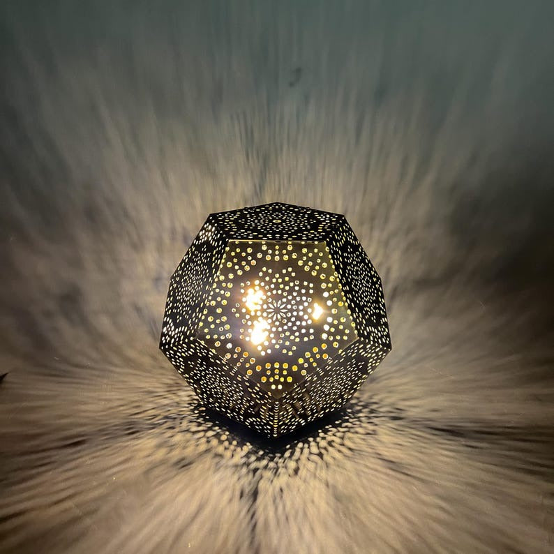 Handmade Moroccan Brass Table Lamp – Pierced Geometric Polygon Lantern with Floral Dot Cutouts, Shadow Casting Moorish Accent Light for Bedroom & Living Room