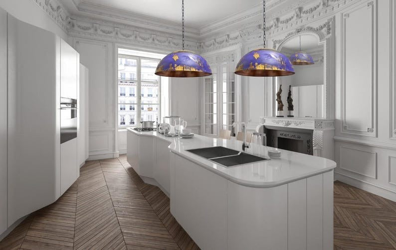 Purple & Gold Brass Dome Pendant Light – Hand-Finished Moroccan Kitchen Island Chandelier